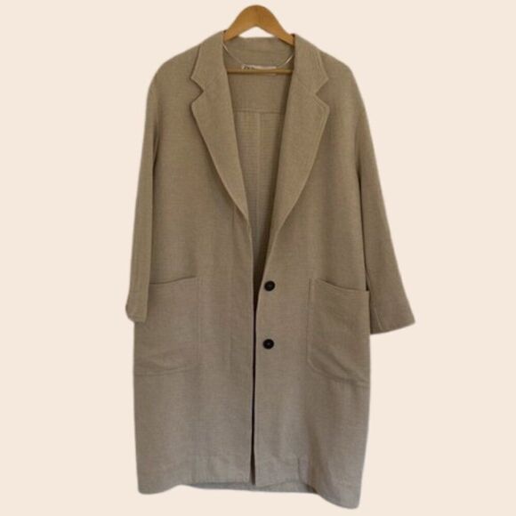 Zara Tan / Taupe Long 3 Button Coat w/ Hidden Button Placket Size Large - Picture 1 of 10
